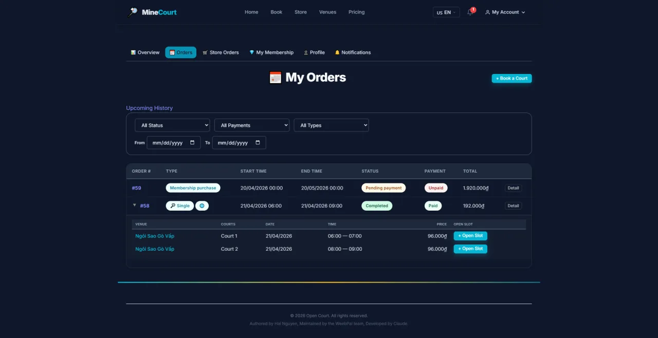 My Orders (Court Bookings)