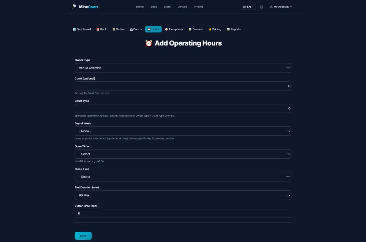 Add Operating Hours
