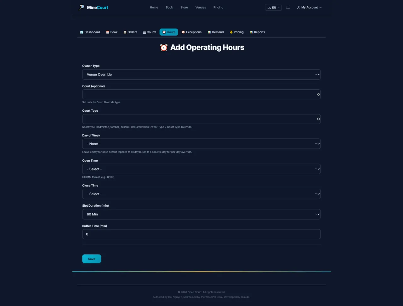 Add Operating Hours