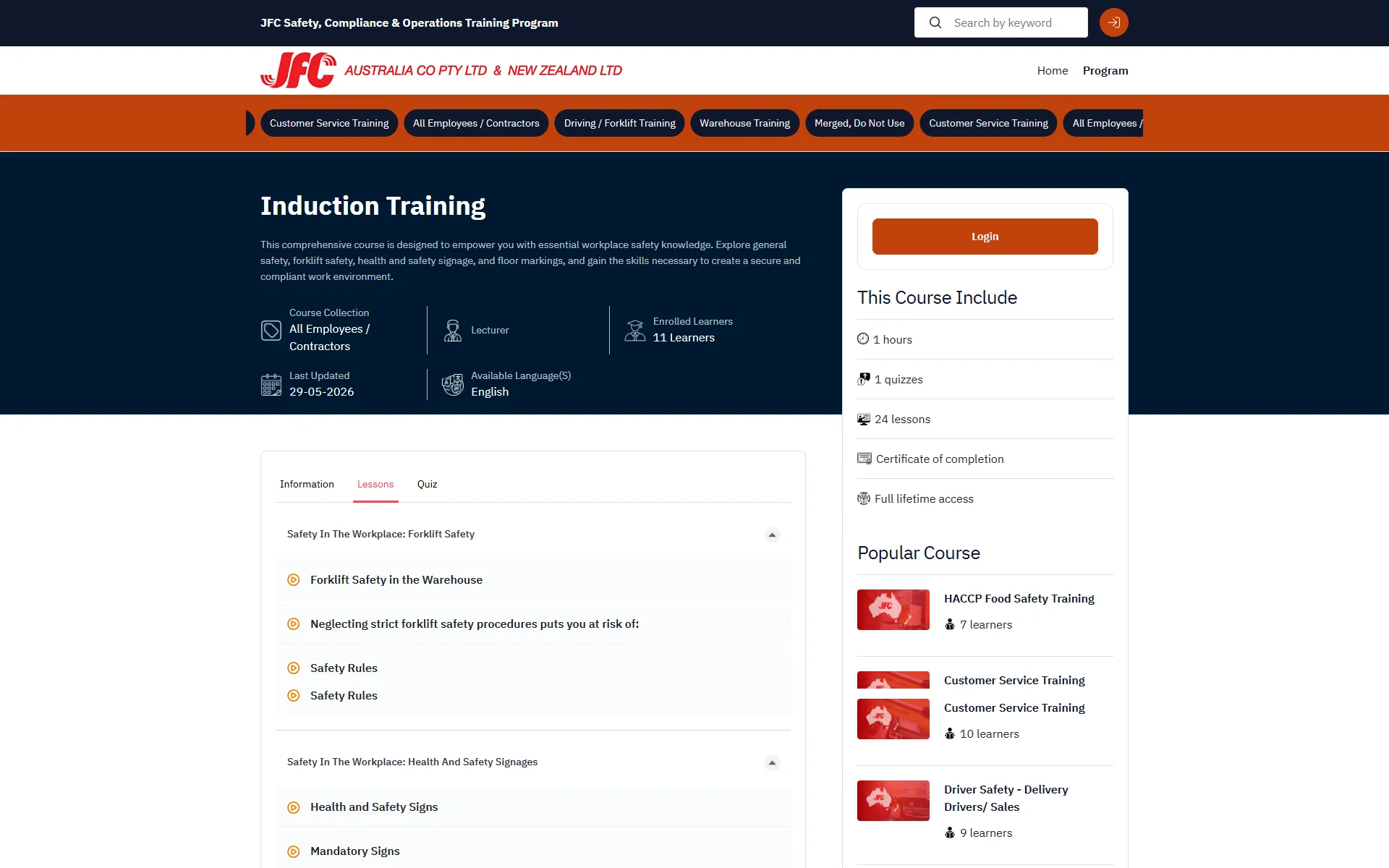 JFC training portal course page for induction training, with its lessons and course details
