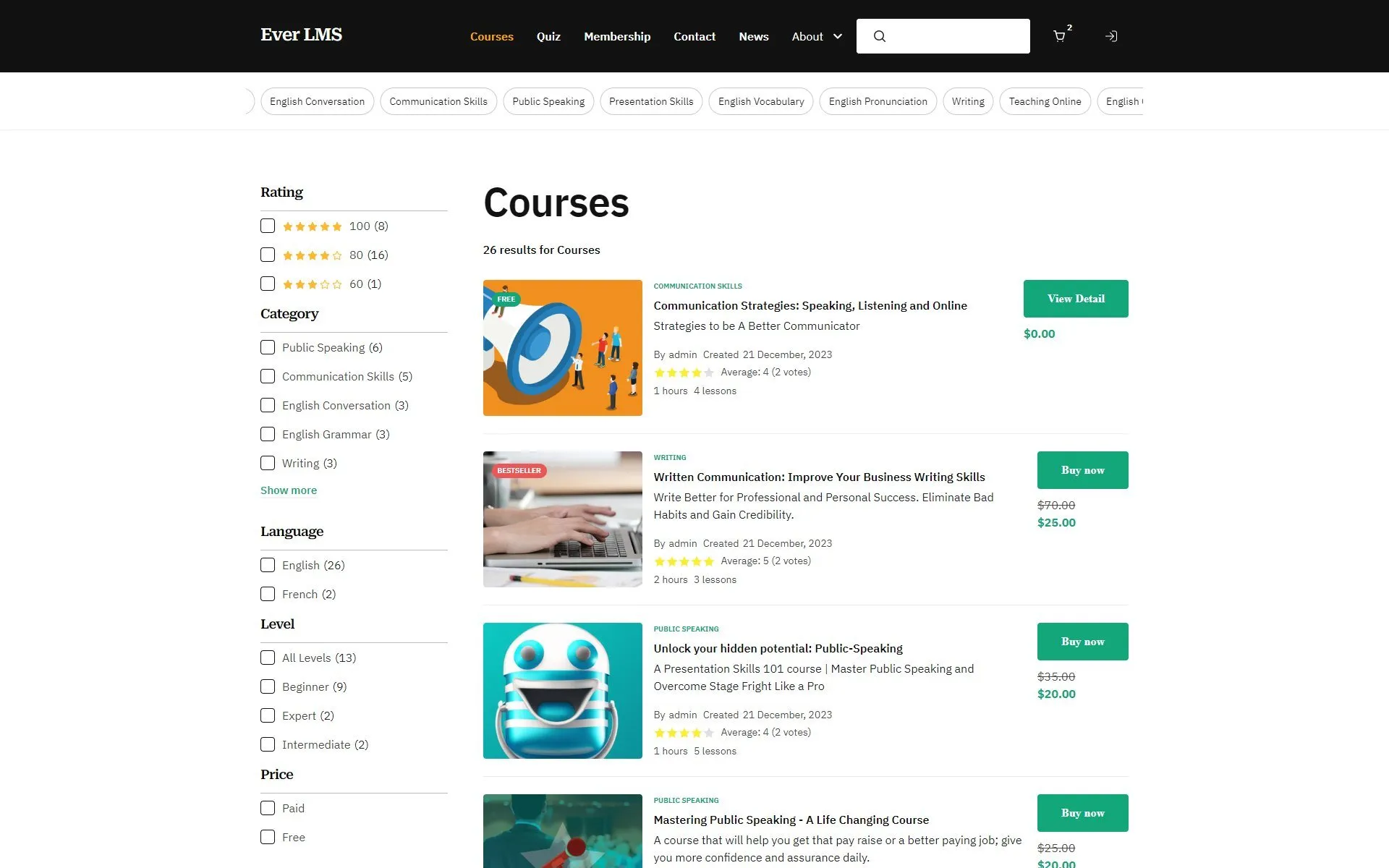 EverLMS distribution course list with rating and category filters, course cards and buy buttons