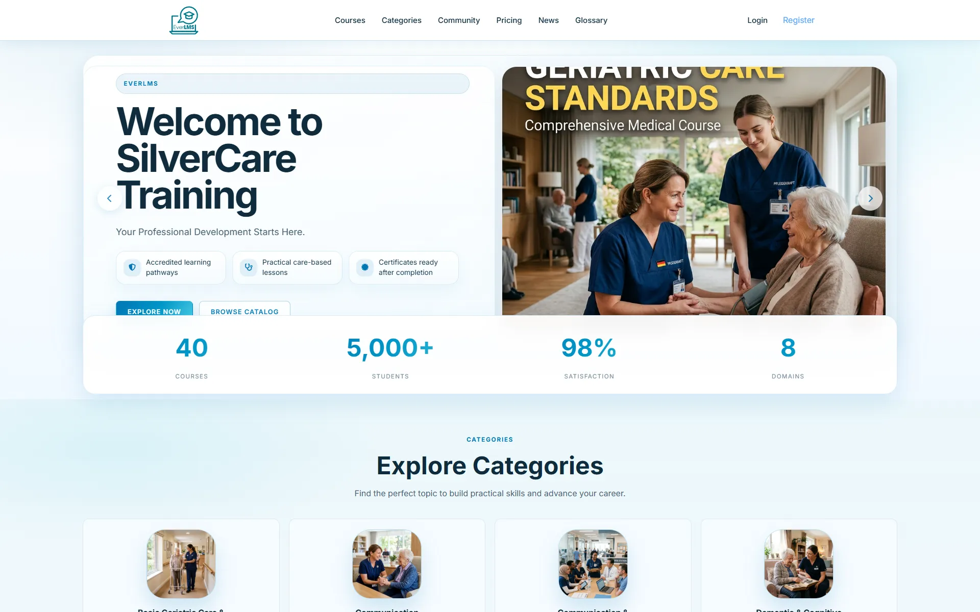 EverLMS public home page of a demo care training academy, with the welcome banner and course categories