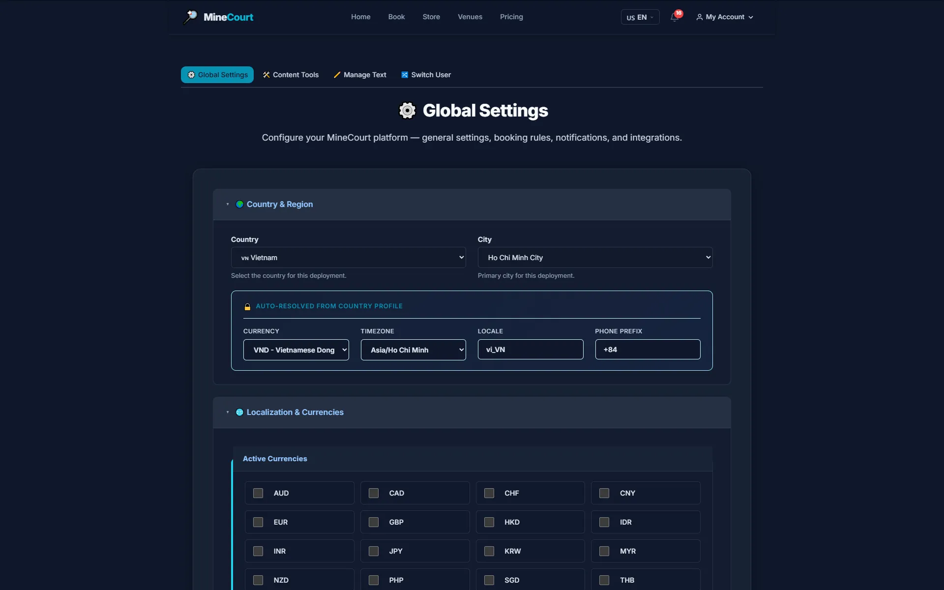MineCourt Global Settings page for the country, city, currency, time zone and locale of the platform