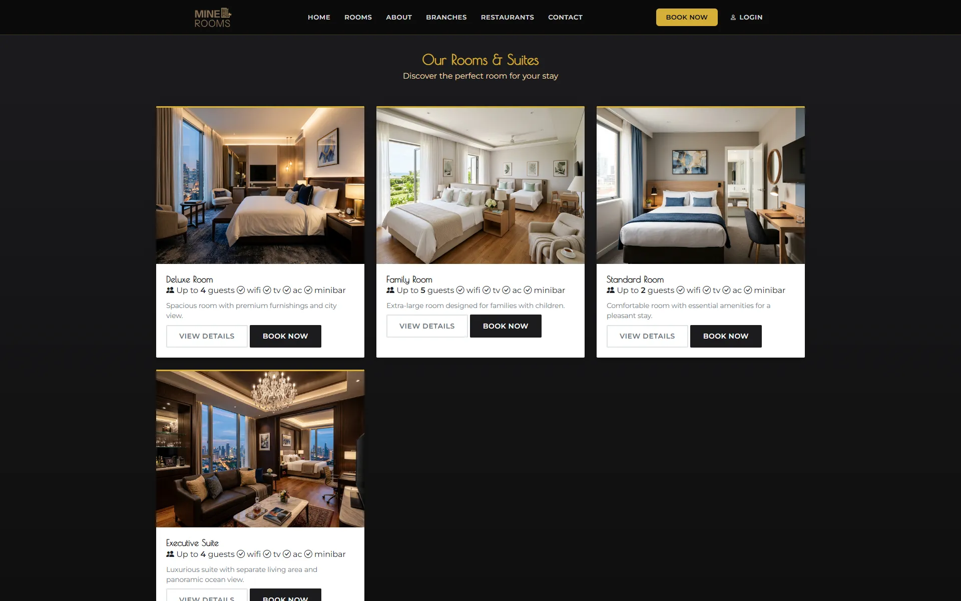MineRooms rooms page with room cards for deluxe, family and standard rooms, each with its guests, amenities and a Book Now button