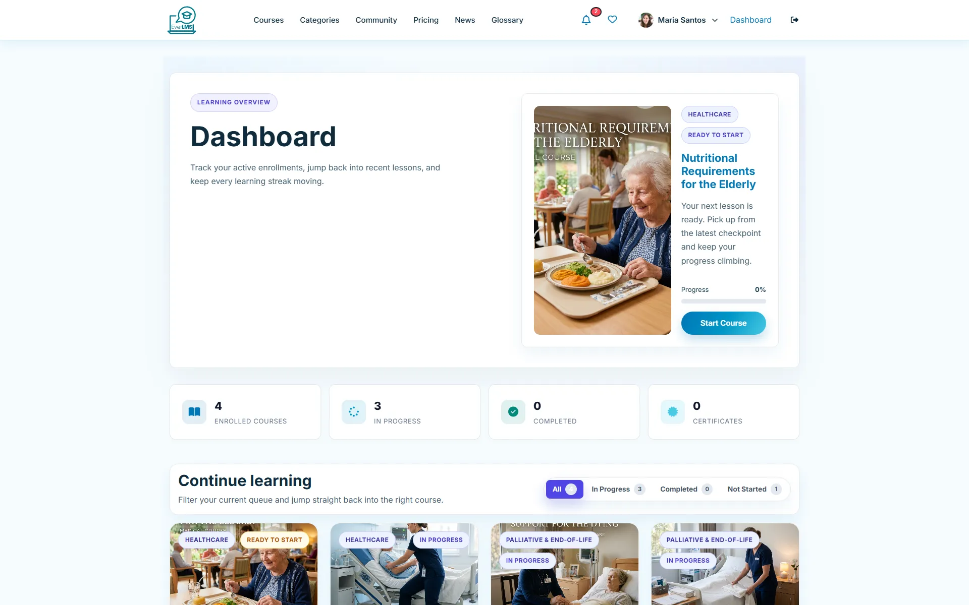 EverLMS student dashboard with the next lesson, enrolment counts and the continue learning list