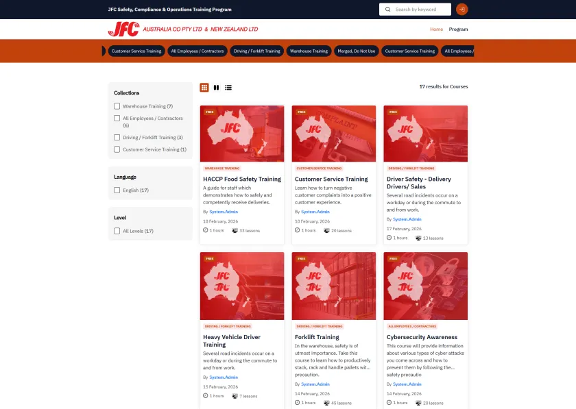 JFC training portal course catalogue with collection filters beside red cards for food safety, customer service and driving courses.