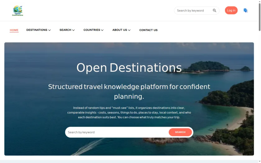 OpenDestinations home page: a structured travel knowledge platform