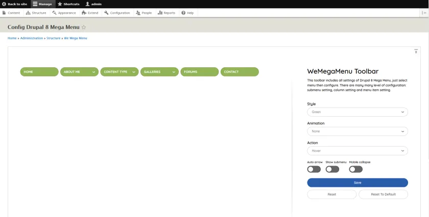 Drupal WE Mega Menu configuration screen showing green menu previews beside toolbar controls for styles and animation.