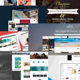 Collage of Drupal theme previews, including restaurant, magazine and business website layouts.