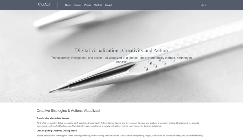 CreAct homepage with a close-up pencil photograph behind its digital visualization and creative strategy introduction.