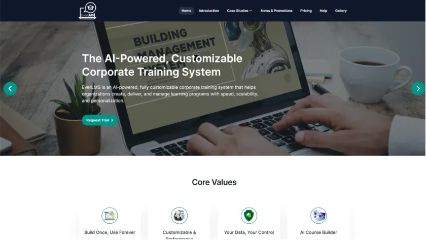 EverLMS homepage promoting an AI-powered corporate training system over a photograph of a person working on a laptop.