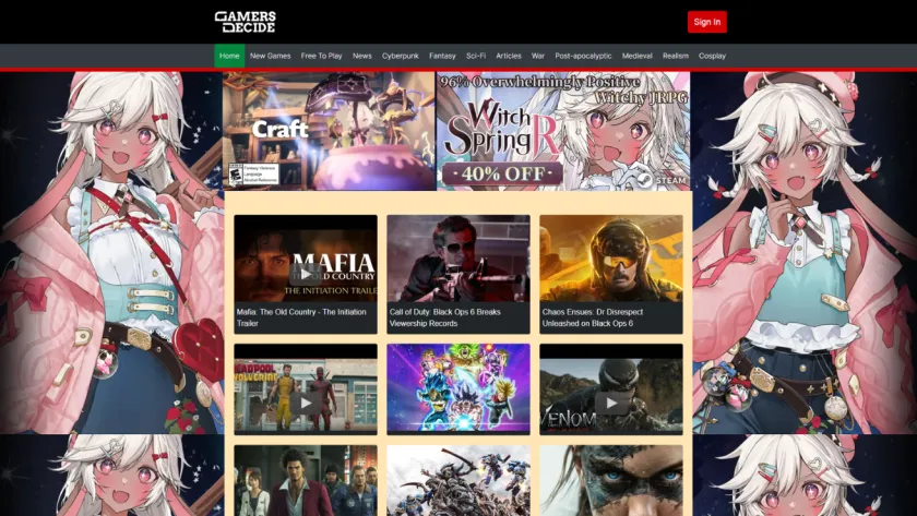 Gamers Decide gaming homepage with anime character illustrations framing a grid of game news and video thumbnails.