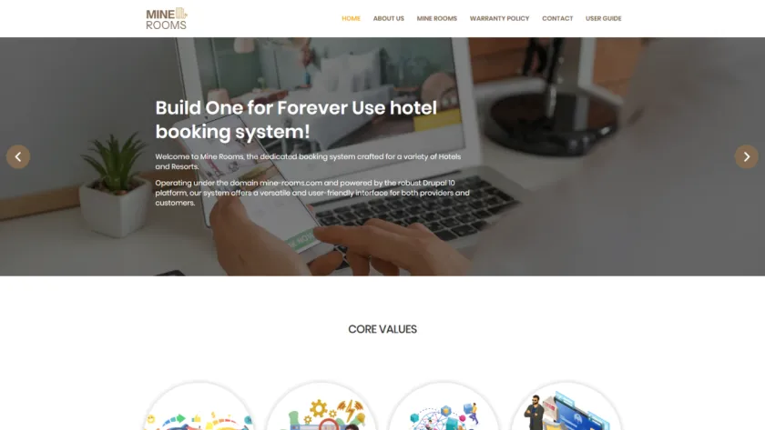 Mine Rooms hotel booking homepage with a laptop and smartphone photograph behind the welcome message and core values below.