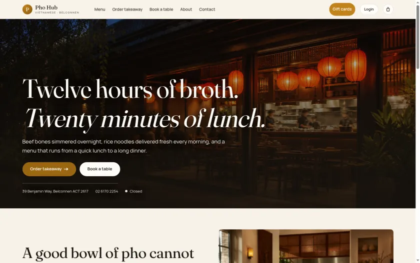 Pho Hub homepage with its Vietnamese restaurant introduction and links to order takeaway or book a table