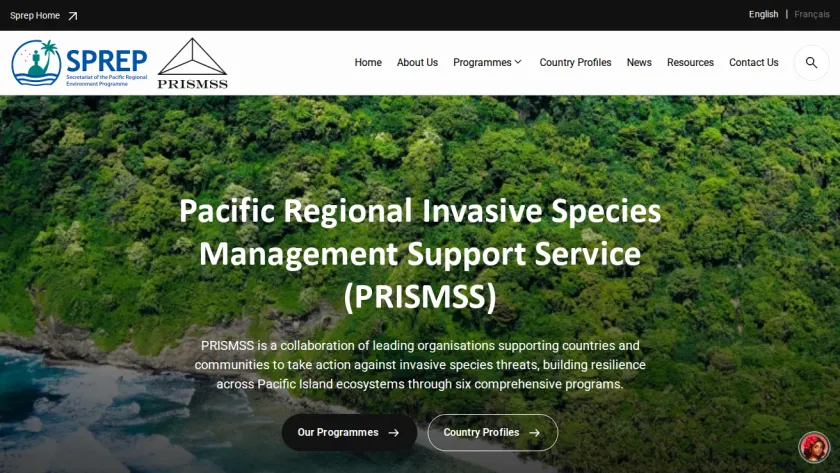 PRISMSS homepage with the invasive species programme introduction over an aerial photograph of a forested Pacific coastline.