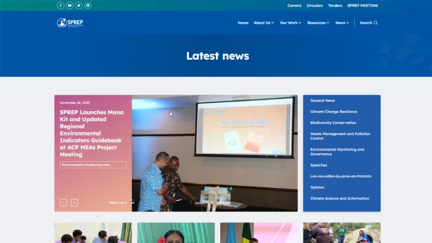 SPREP news page with a photograph of two presenters at a Mana Toolkit event and a blue sidebar of environmental news topics.