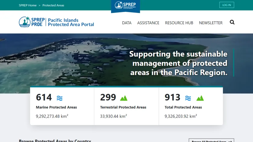 The Pacific Islands Protected Area Portal homepage, showing a teal-and-white header above an aerial photo of a turquoise reef and island with the tagline "Supporting the sustainable management of protected areas in the Pacific Region" and a white card listing 614 marine, 299 terrestrial and 913 total protected areas.