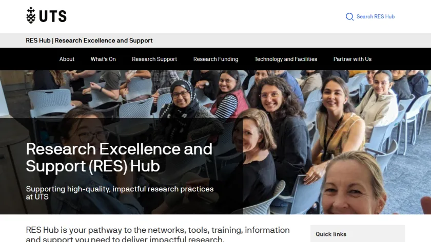 The UTS Research Excellence and Support (RES) Hub homepage, with a black navigation bar over a hero photo of smiling researchers seated in a lecture room and the white headline "Research Excellence and Support (RES) Hub".