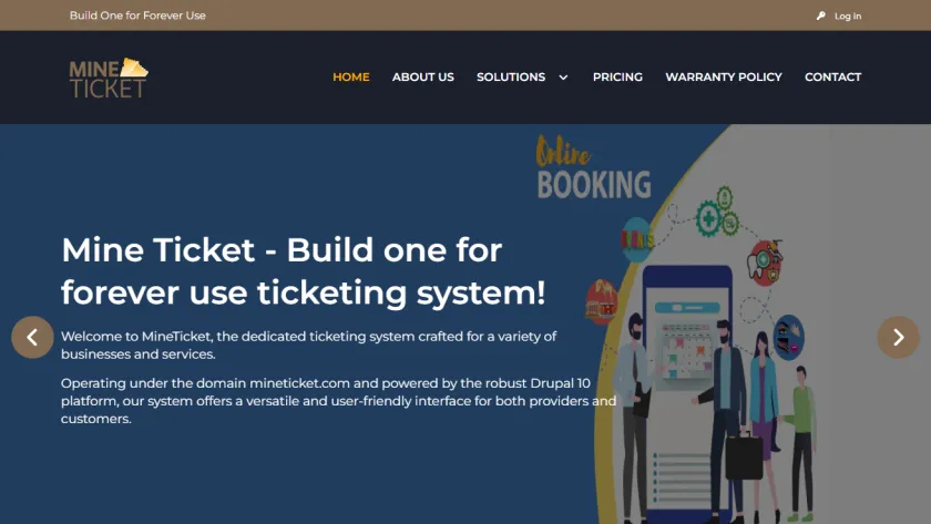 Homepage of the Mine Ticket online ticketing platform, with a dark navy header and gold logo above a hero banner reading "Mine Ticket - Build one for forever use ticketing system!" beside a vector illustration of people booking events on a large smartphone.