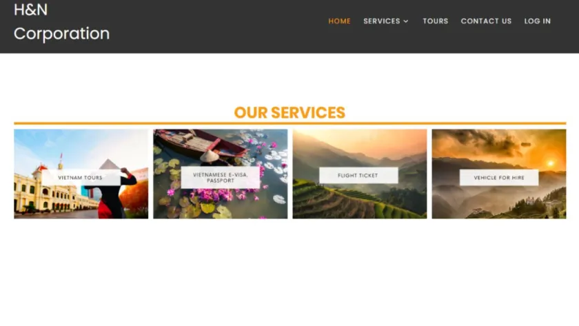 H&N Corporation homepage: service cards for Vietnam tours, e-visa and passport, flight tickets and vehicle hire.