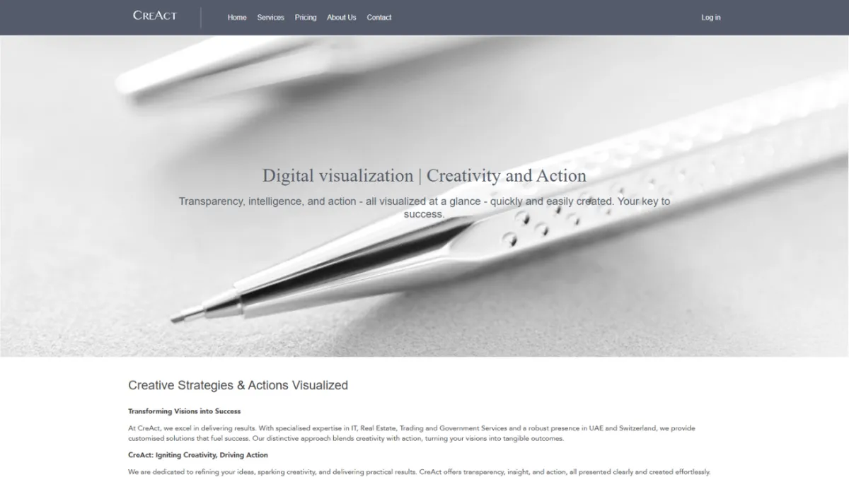 CreAct homepage with a close-up pencil photograph behind its digital visualization and creative strategy introduction.