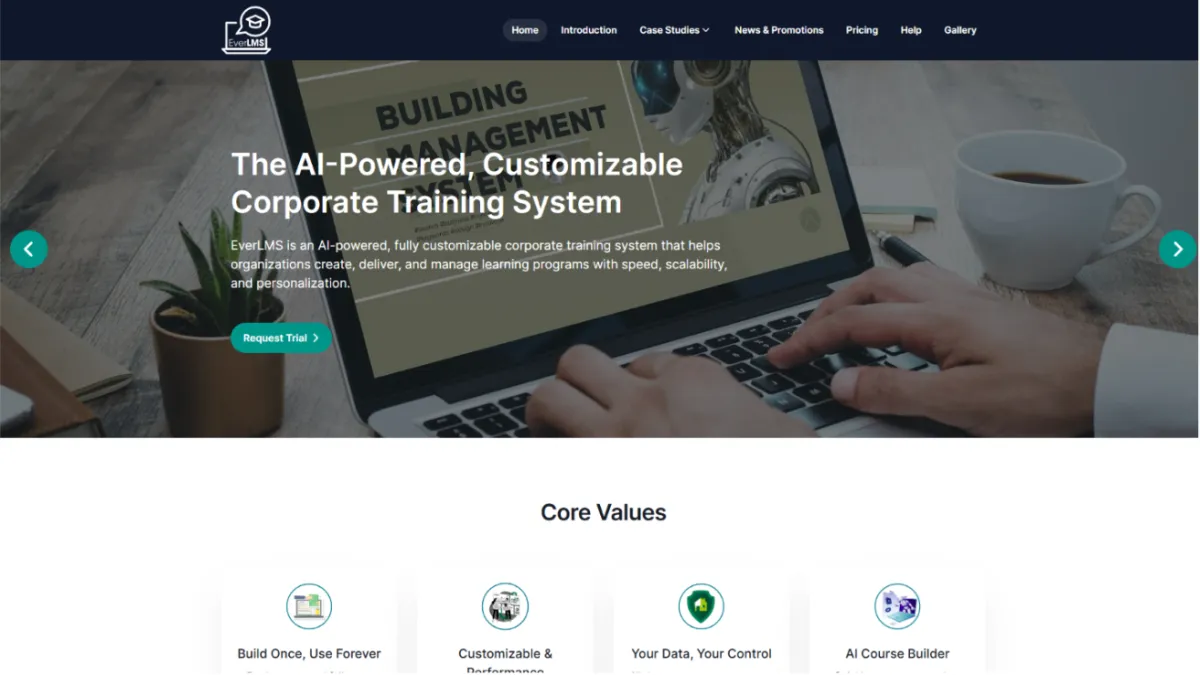 EverLMS homepage promoting an AI-powered corporate training system over a photograph of a person working on a laptop.