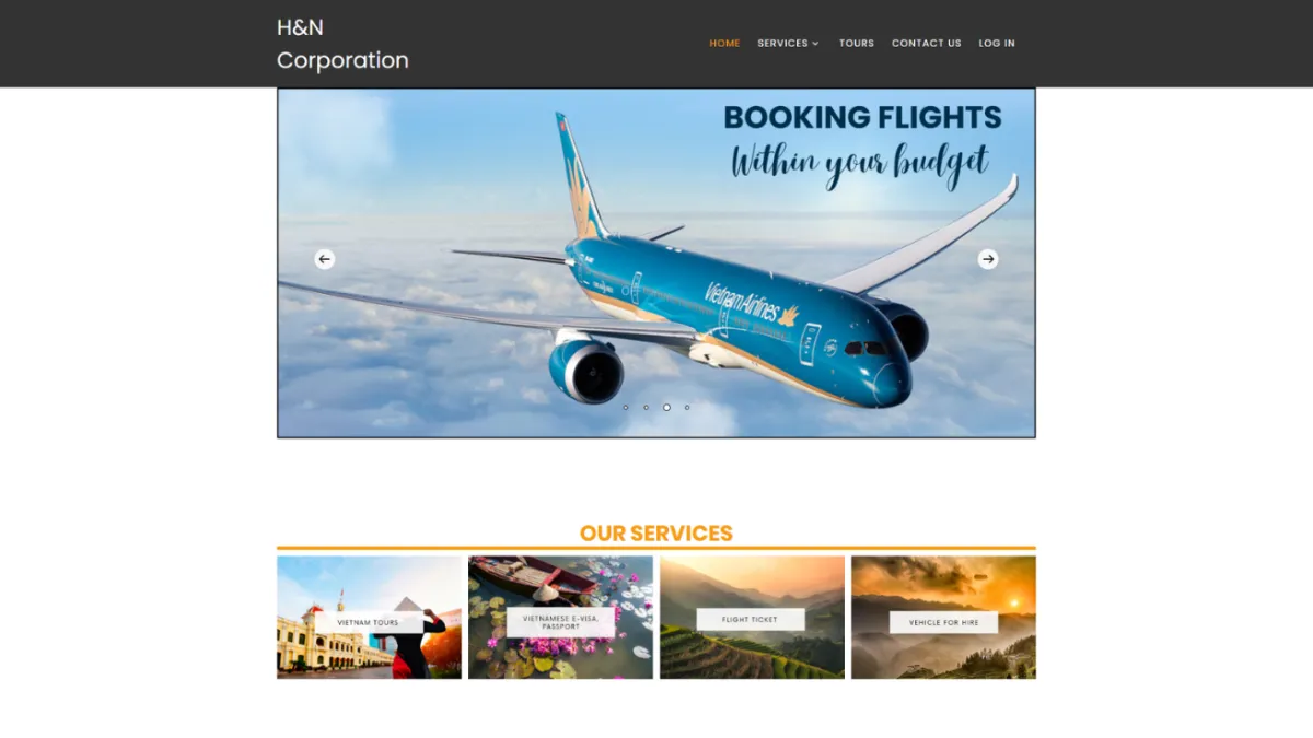 H&N Corporation travel homepage with a Vietnam Airlines plane in the flight-booking banner above tour and visa service cards.