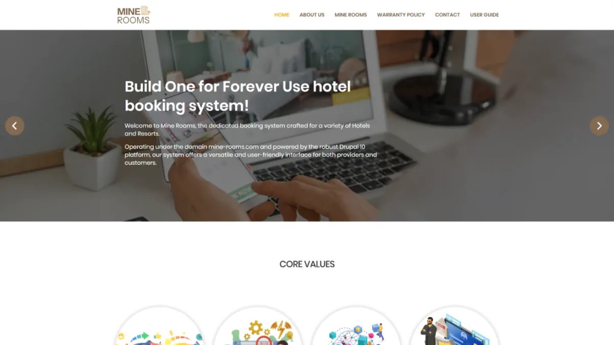 Mine Rooms hotel booking homepage with a laptop and smartphone photograph behind the welcome message and core values below.