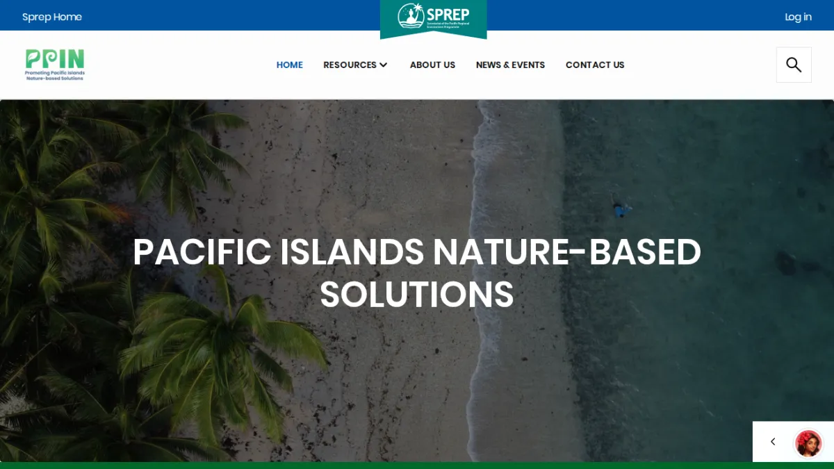 Pacific Islands Nature-based Solutions homepage with its white title over an aerial photograph of palm trees and a beach.