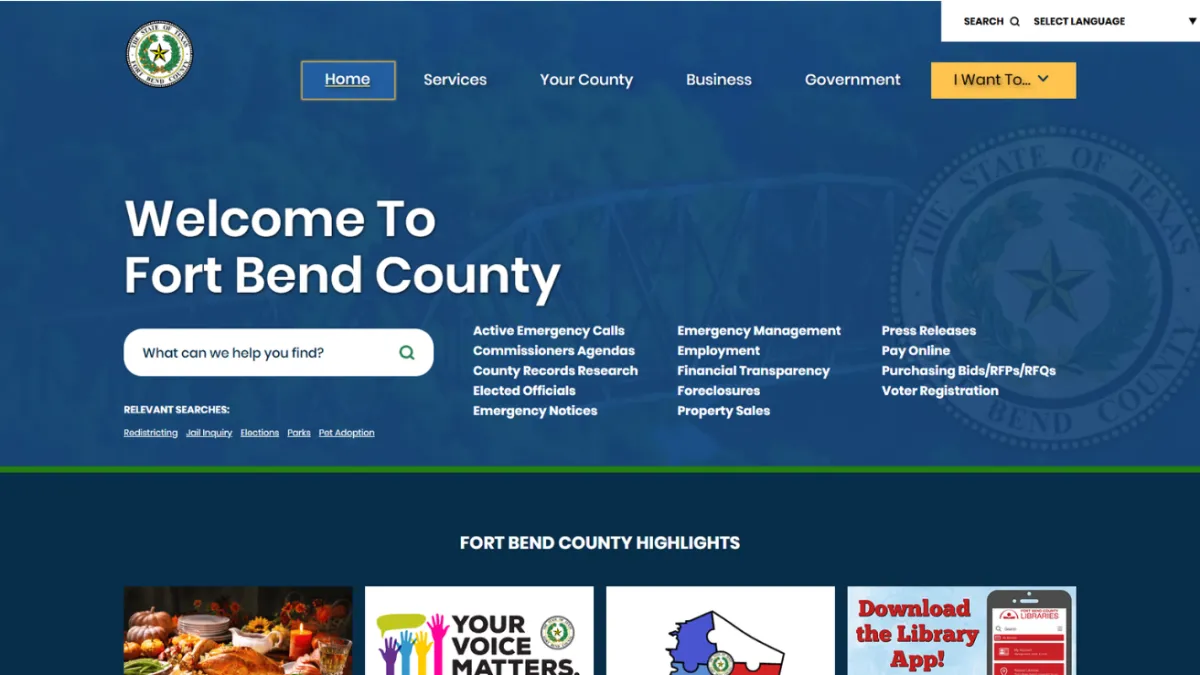 Fort Bend County homepage with a blue welcome banner, county service search, emergency links and county highlights.
