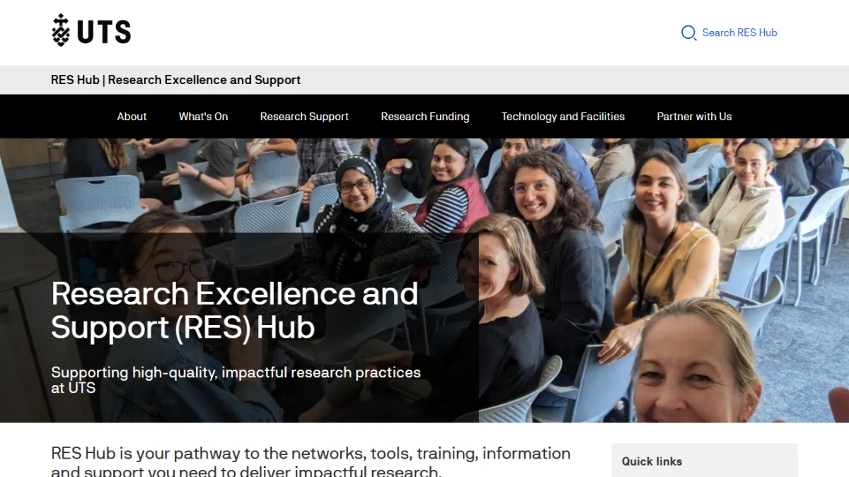 The UTS Research Excellence and Support (RES) Hub homepage, with a black navigation bar over a hero photo of smiling researchers seated in a lecture room and the white headline "Research Excellence and Support (RES) Hub".
