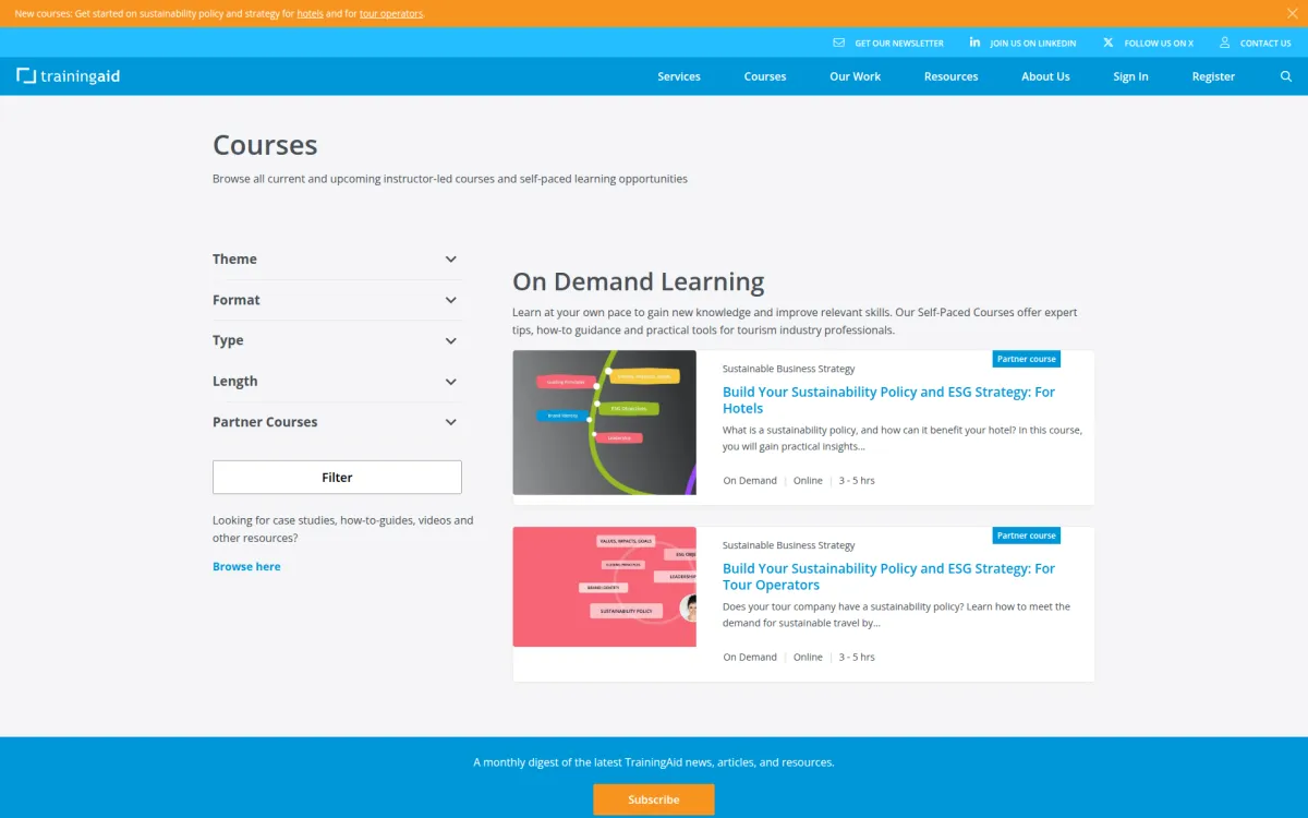 TrainingAid course catalogue with filters for theme, format, type, length and partner courses beside its on-demand courses