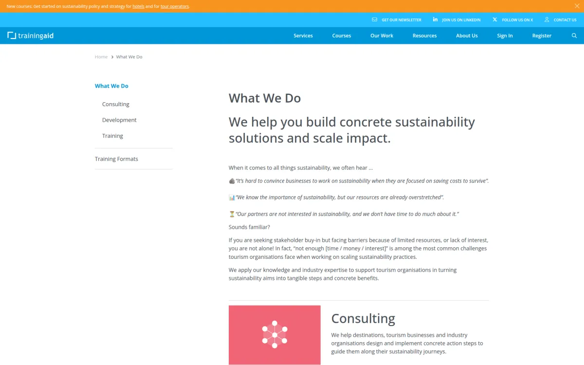 TrainingAid What We Do page on consulting, development and training for sustainable tourism