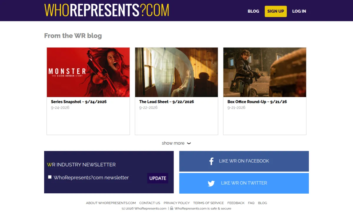 WhoRepresents.com blog listing with its latest industry round-ups