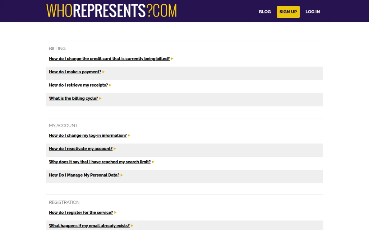 WhoRepresents.com help page with questions on billing, accounts, registration and subscriptions