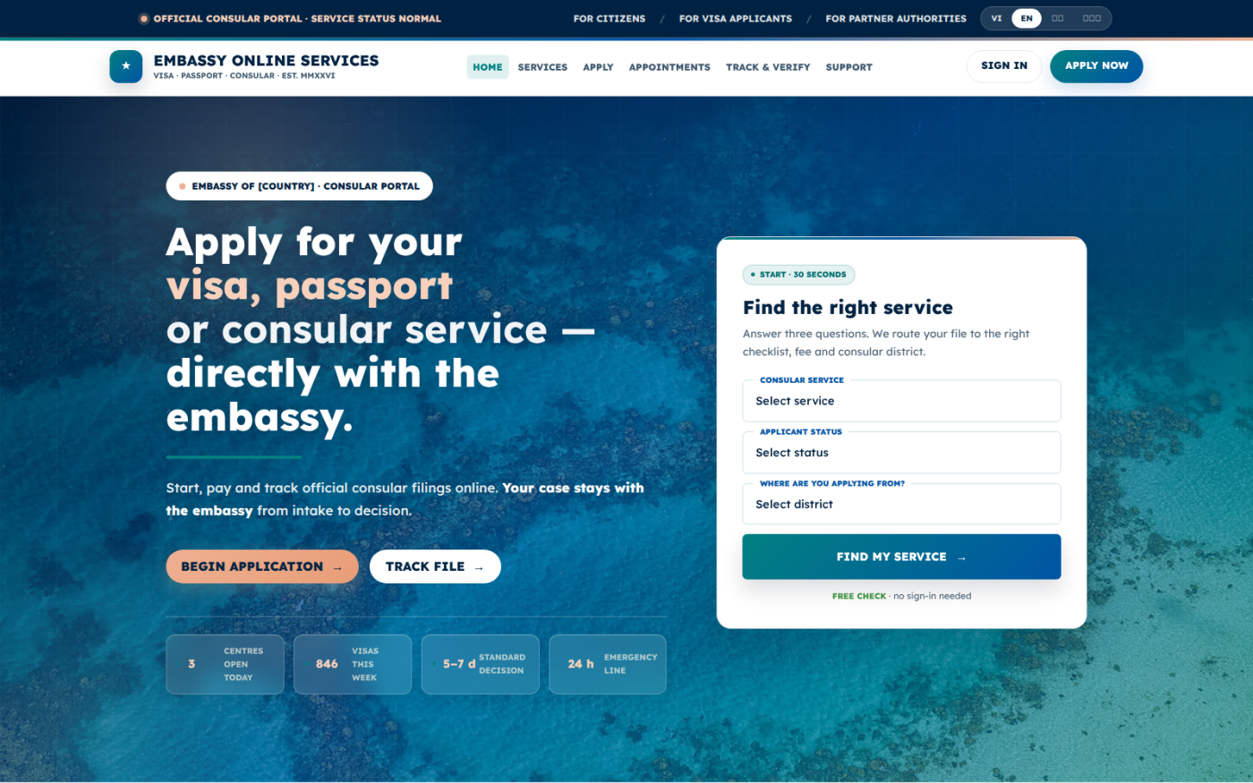 The public consular portal home page, listing every service and walking visitors through applying, uploading, paying and tracking.