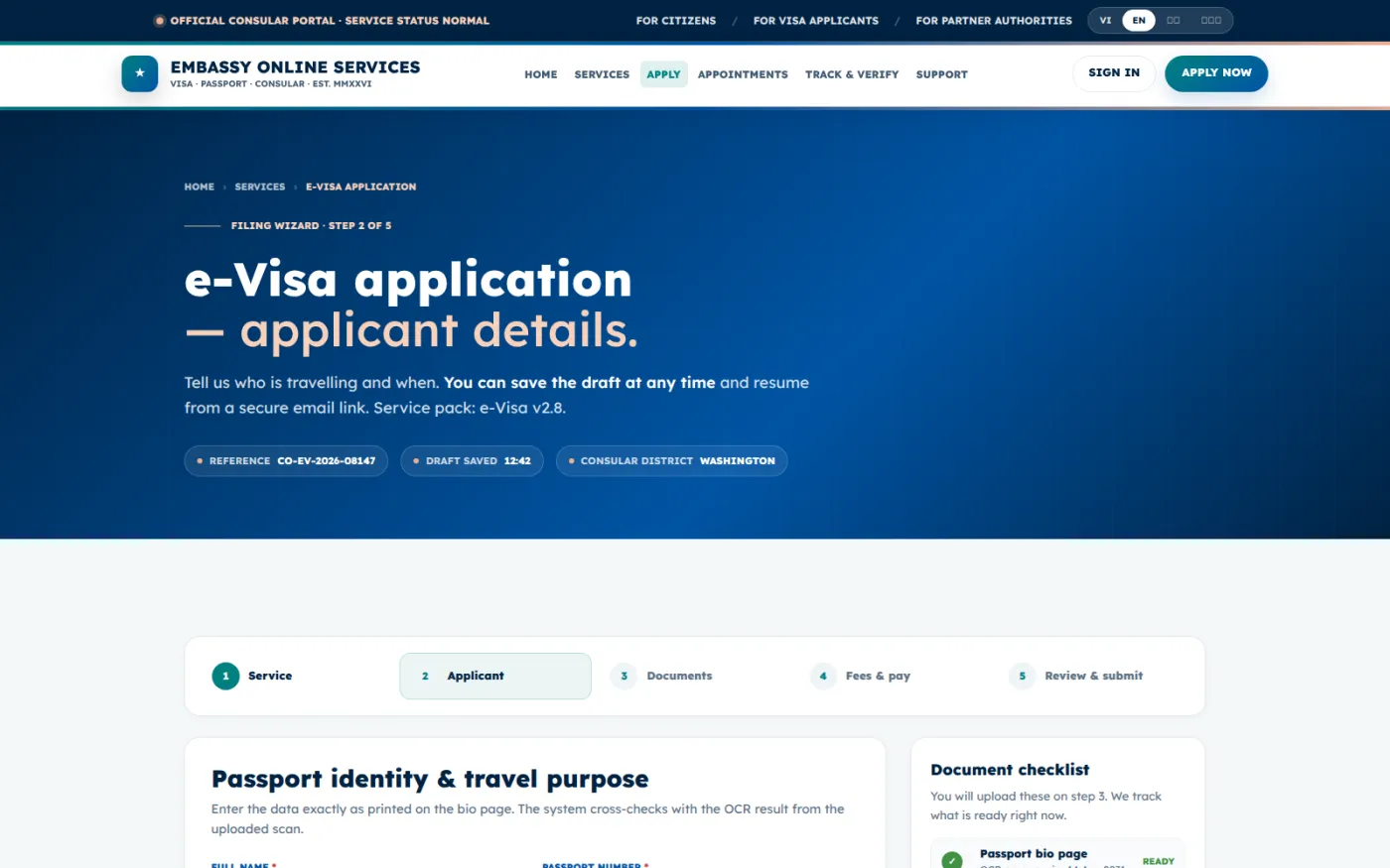 The application wizard capturing passport identity and travel purpose, saving the draft automatically so it can be resumed later.