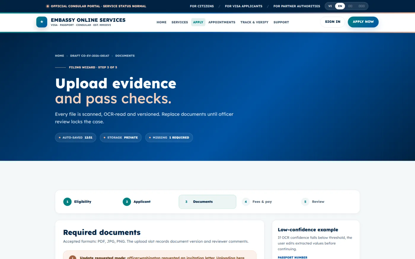 The document upload step, where each required file is scanned and read automatically and flagged if it fails a quality check.