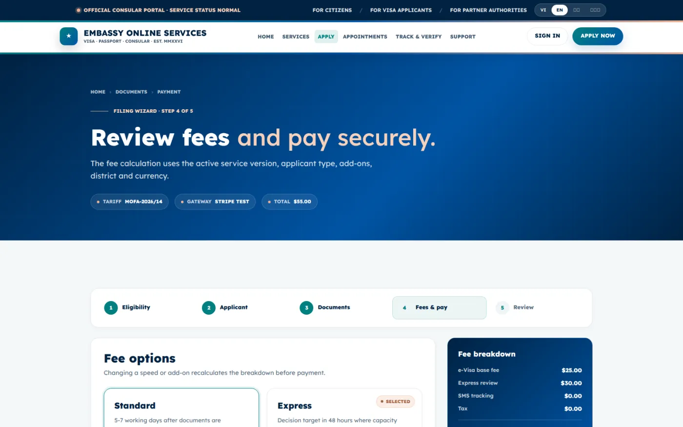 The fee step, showing the itemised charge for the chosen processing speed and add-ons alongside the available payment methods.