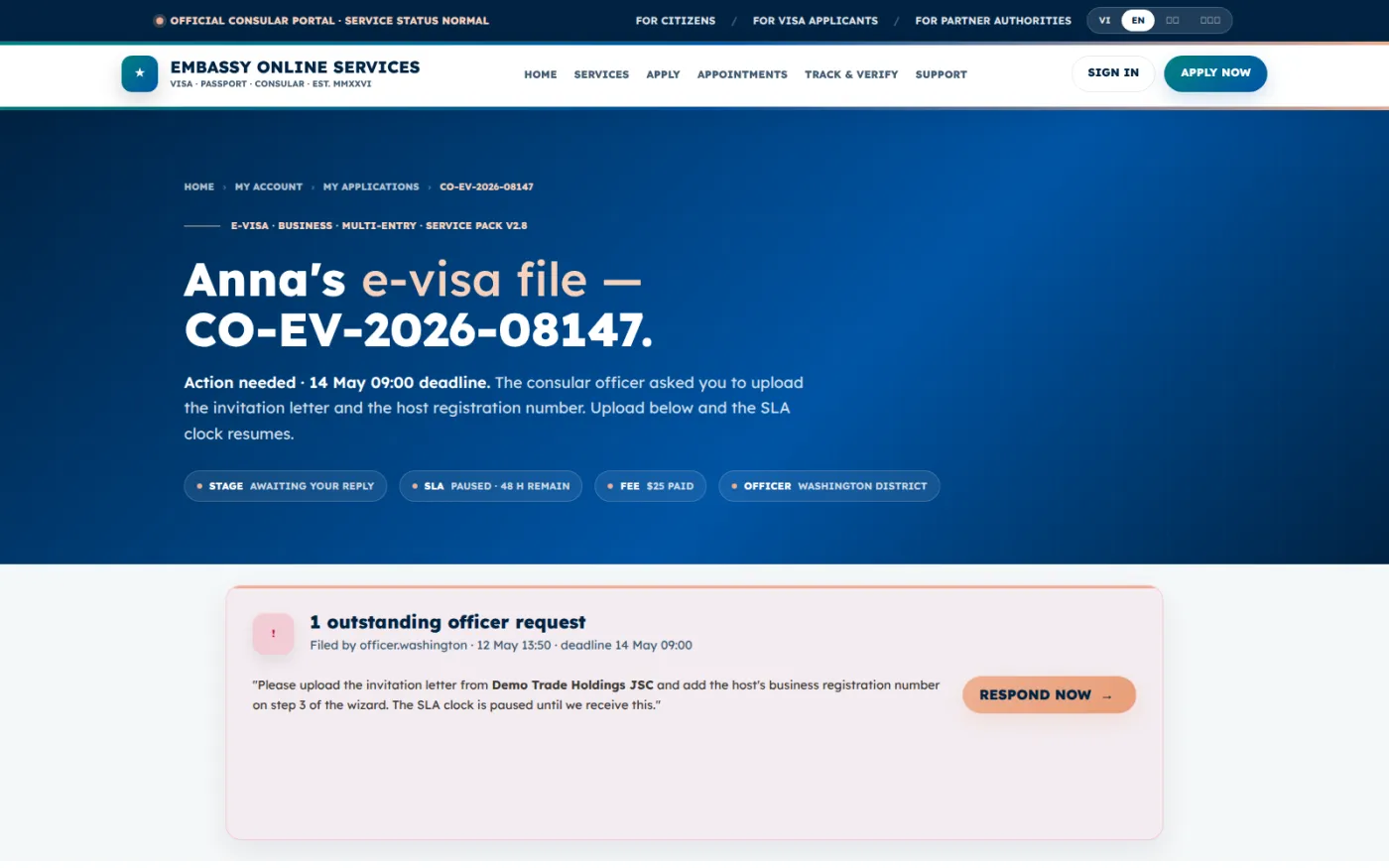 One submitted file inside the applicant account, with its full event timeline, uploaded evidence and a secure thread to the officer.