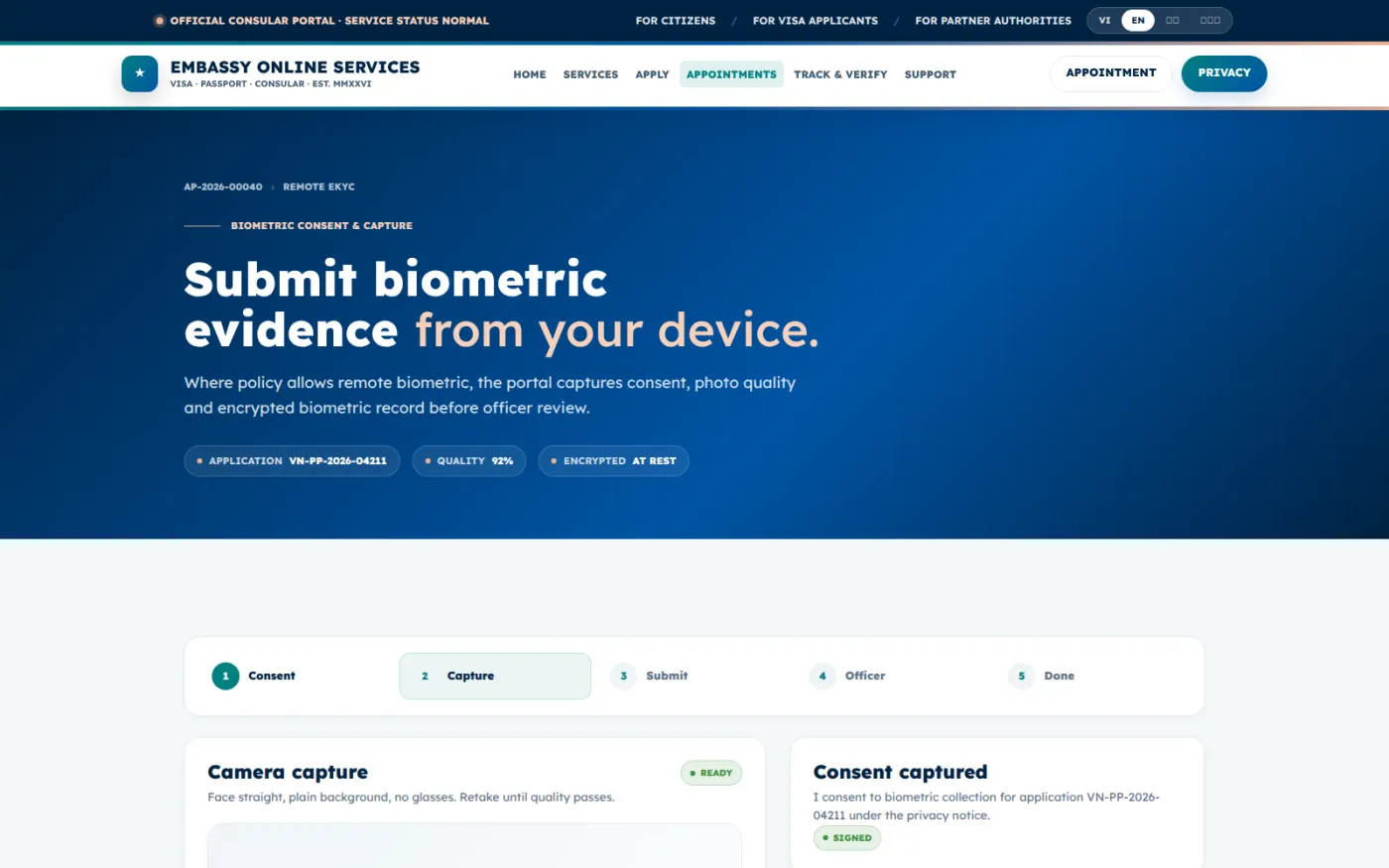 Remote biometric capture from the applicant own device, recording consent and checking portrait quality before the record is encrypted.