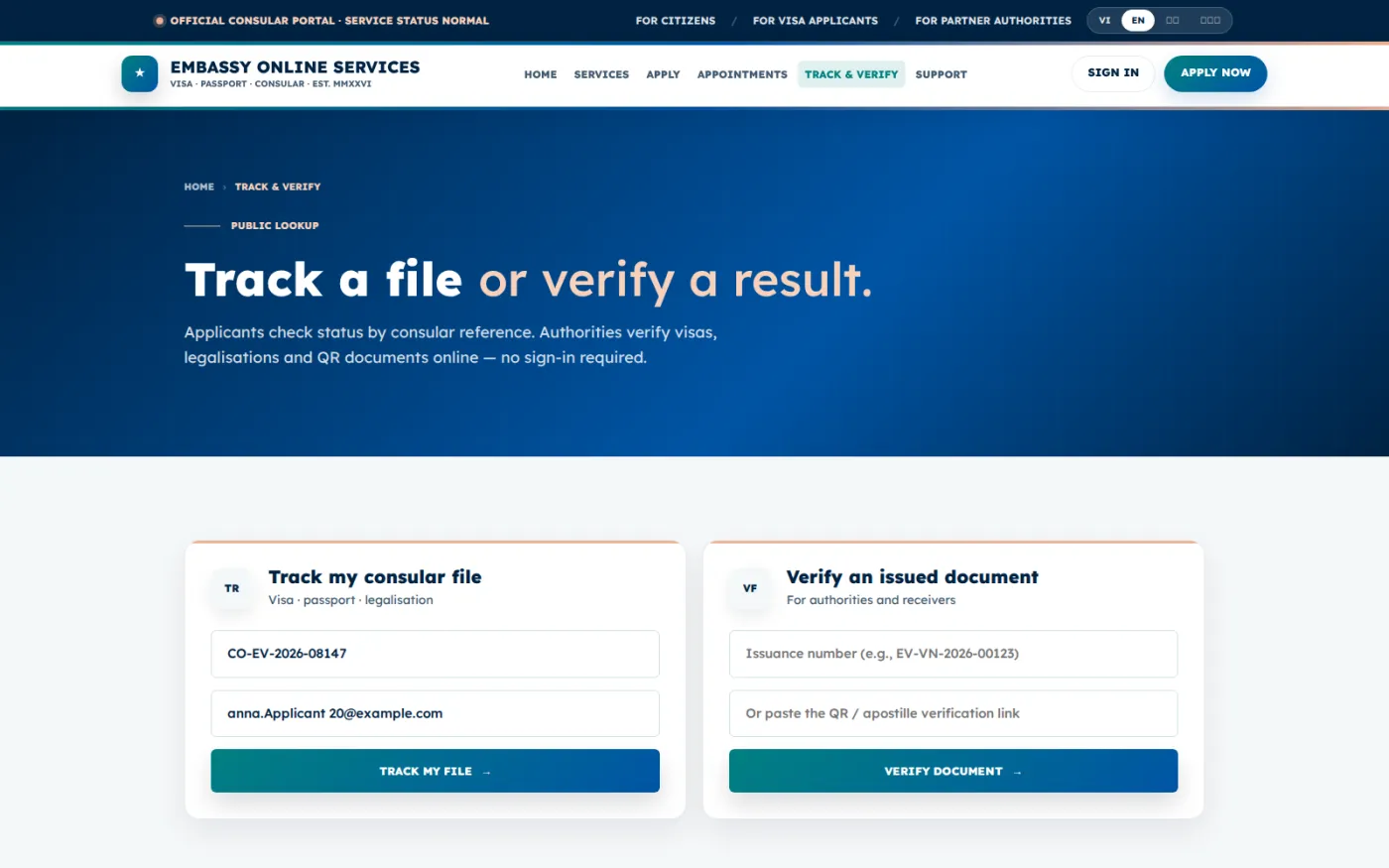 The public track-and-verify page, letting an applicant follow a file by reference and letting a third party check an issued document.