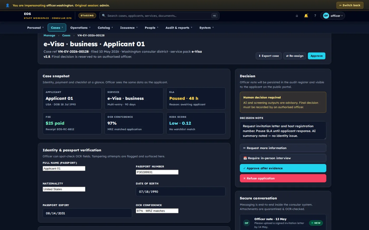 A case under review, pairing the identity and document checklist with screening results, the activity log and the decision controls.