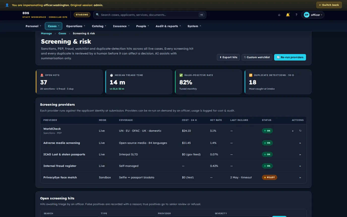 The screening workspace, showing which risk providers are running, the open watchlist hits and the duplicate applications to judge.
