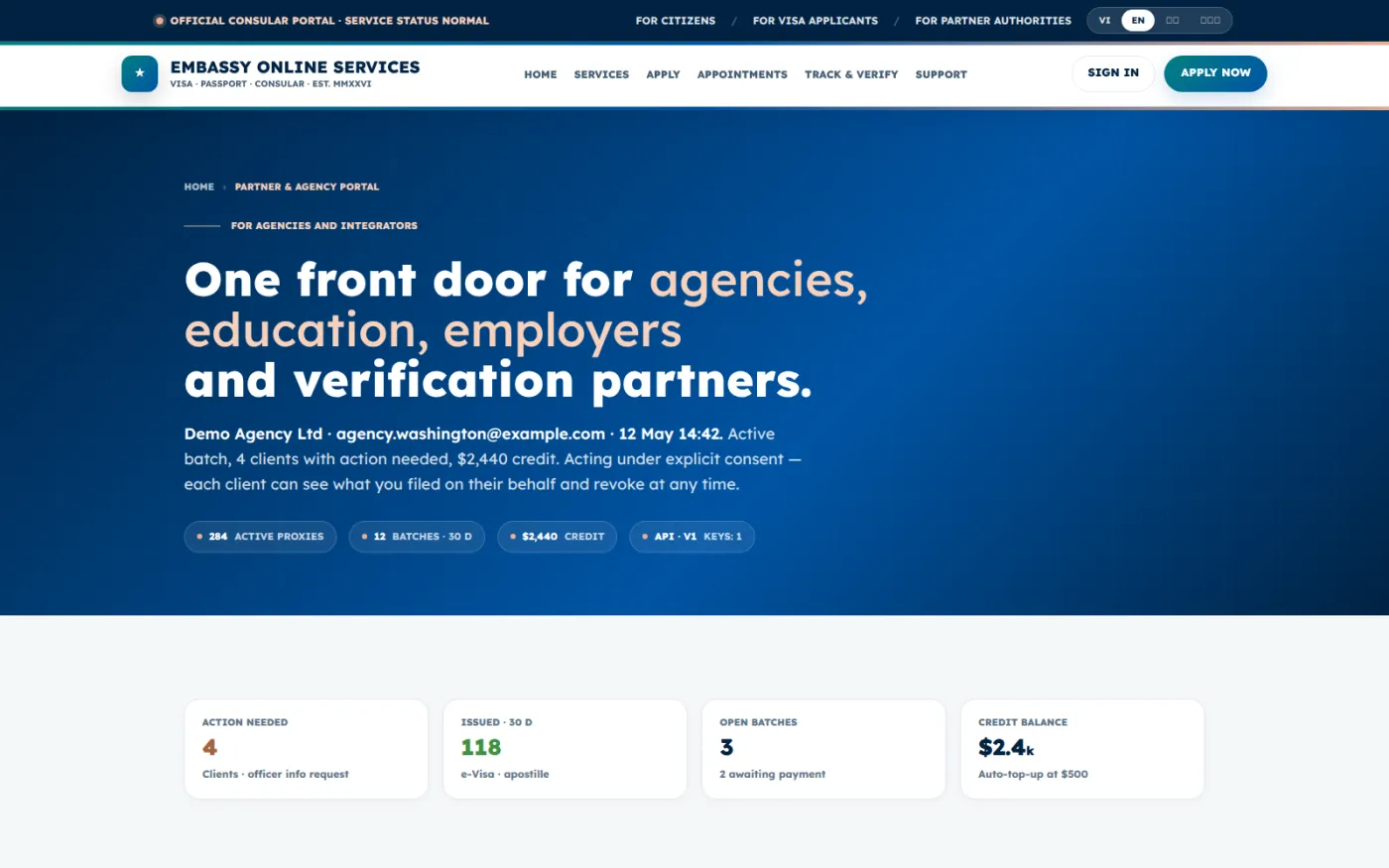 The partner portal used by accredited representatives who file on behalf of clients, always under consent the client can revoke.
