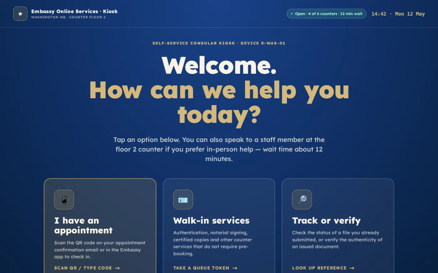 The touchscreen welcome screen of an on-site kiosk, offering check-in, walk-in service and language choice in large touch targets.