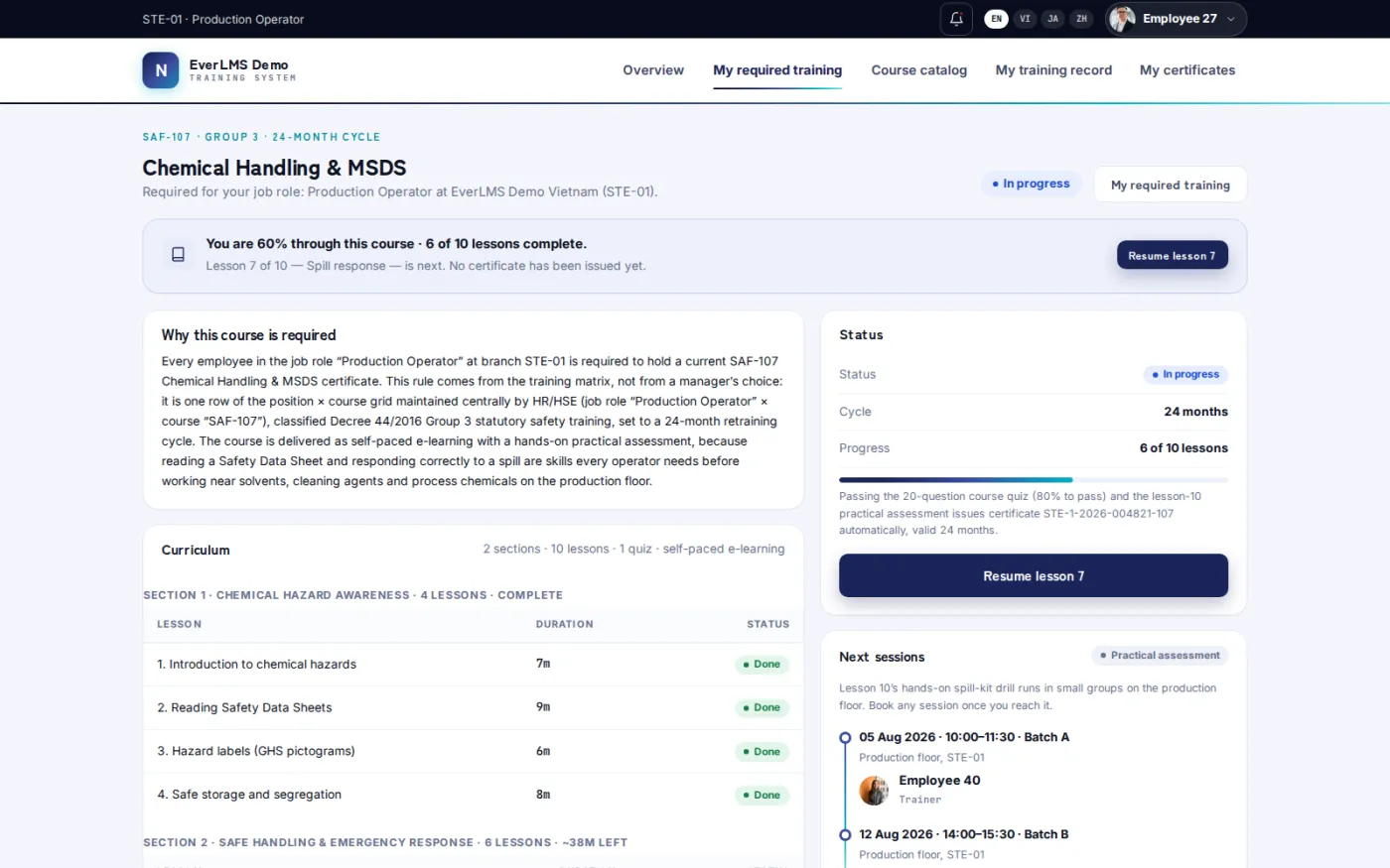 A course page lists every lesson with its duration and completion state, so a learner sees how much is left before the assessment.