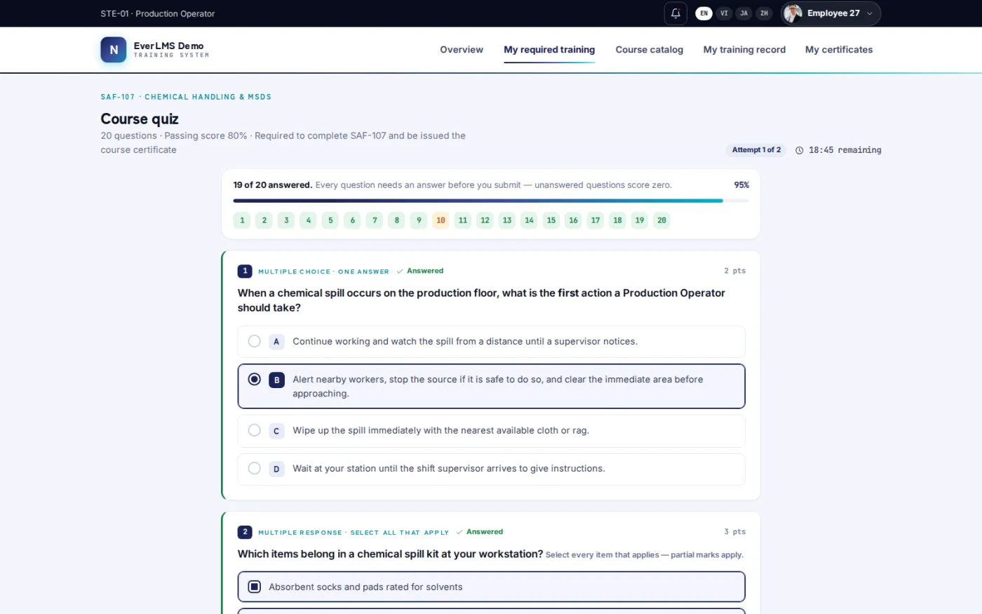 The quiz screen presents one assessment question at a time with progress and remaining questions visible, so learners can prove what they learned.