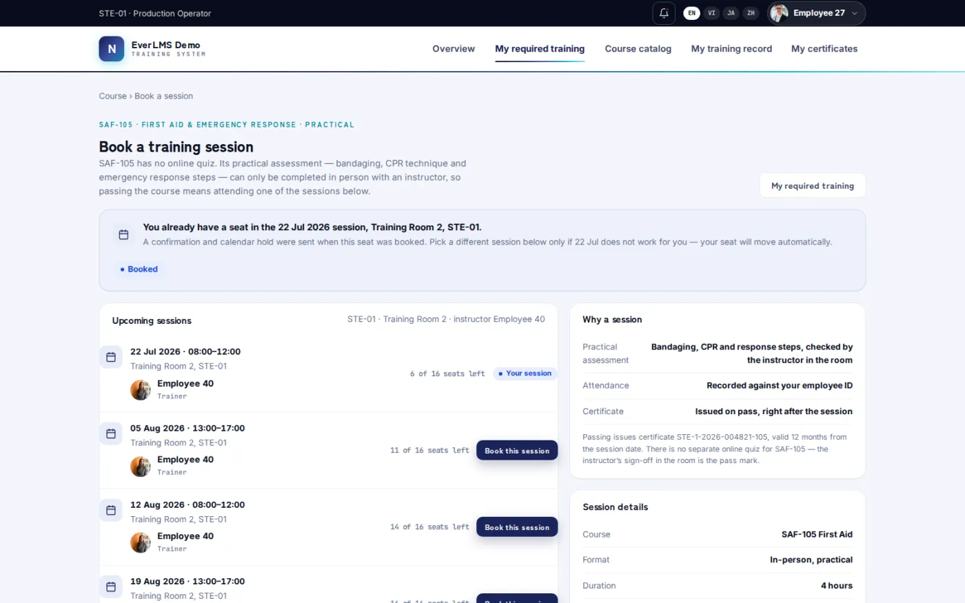A booking screen lists upcoming classroom sessions with dates, rooms and remaining seats, because practical training can only be passed in person.