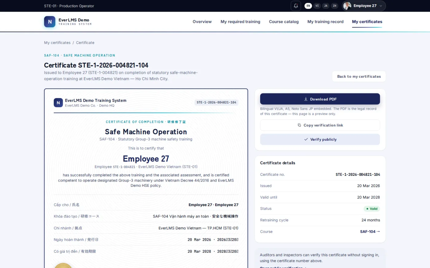 A completion certificate renders with its unique number, issue and expiry dates and multilingual wording, ready to show to an auditor or inspector.